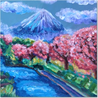 Japanese Cherry Blossom Mountain Posters and Art